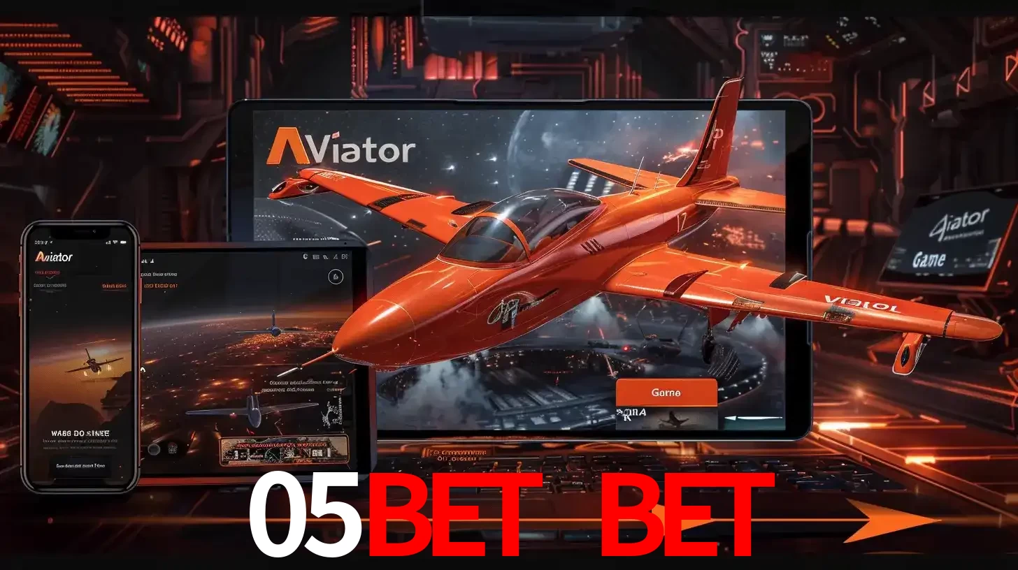 Apresentação tecnológica do jogo Aviator com um avião saindo da tela de um tablet, demonstrando a experiência imersiva em múltiplos dispositivos no 05bet bet.