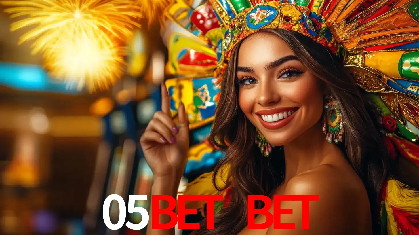 Mulher sorridente com um cocar de carnaval vibrante e colorido, celebrando uma grande vitória nos jogos do cassino 05bet bet com fogos de artifício ao fundo.