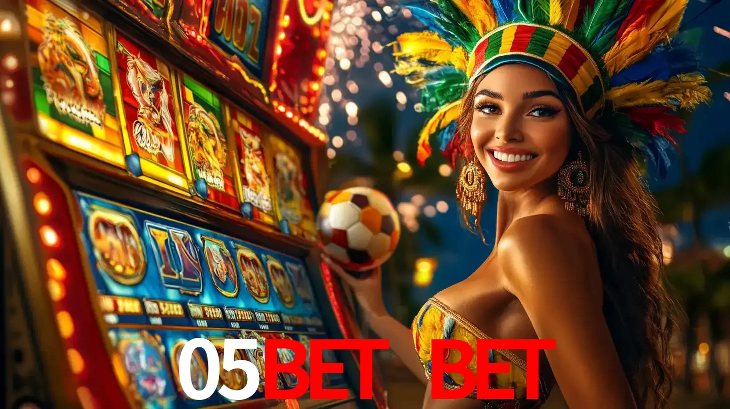 Mulher com um cocar de carnaval ao lado de uma máquina de caça-níqueis enquanto segura uma bola de futebol, mostrando a união da diversão de cassino e esportes no 05bet bet.