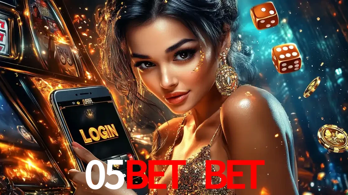 Mulher glamourosa segurando um celular com a tela de login do cassino 05bet bet, rodeada por dados e moedas douradas, pronta para começar a diversão.