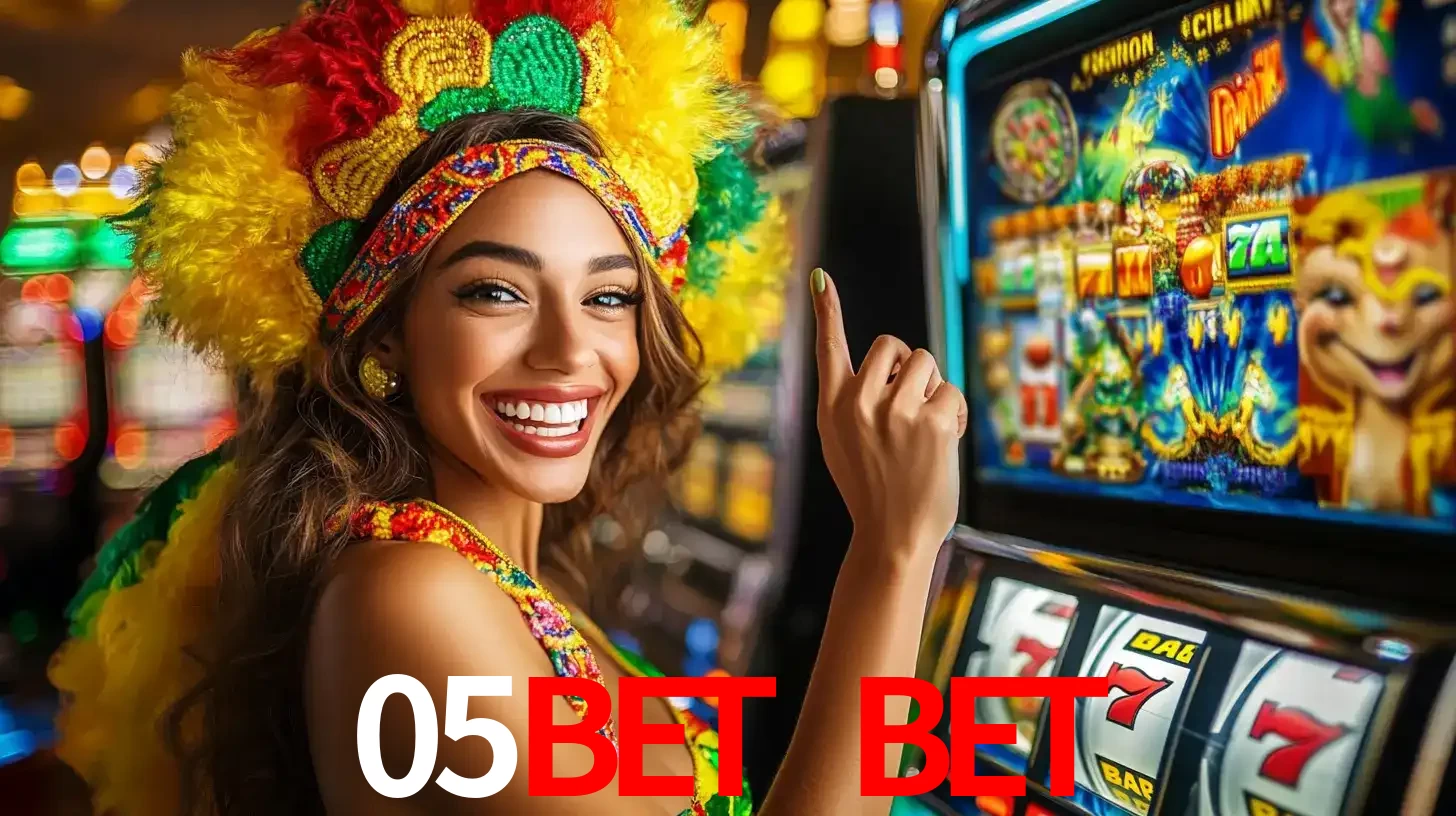 Mulher animada com um cocar de carnaval apontando para uma máquina de caça-níqueis, mostrando a emoção de ganhar um grande prêmio nos jogos do 05bet bet.