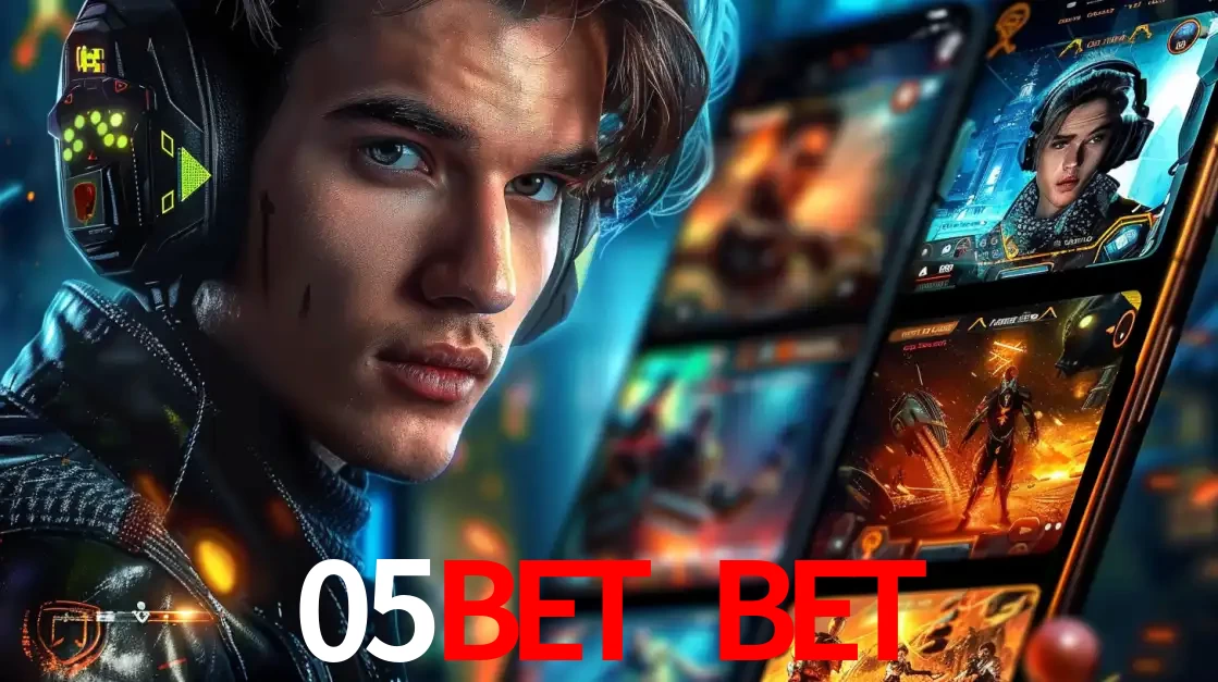 Jovem jogador com fones de ouvido olhando para a câmera, com um aplicativo de jogos e e-sports para celular ao fundo, pronto para a competição e apostas no 05bet bet.