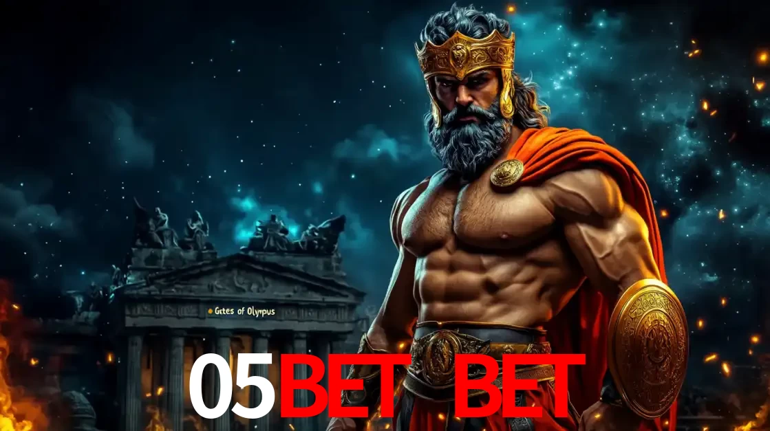 O poderoso Zeus do jogo de slot Gates of Olympus em frente ao seu templo, pronto para lançar multiplicadores divinos e prêmios épicos no cassino online 05bet bet.