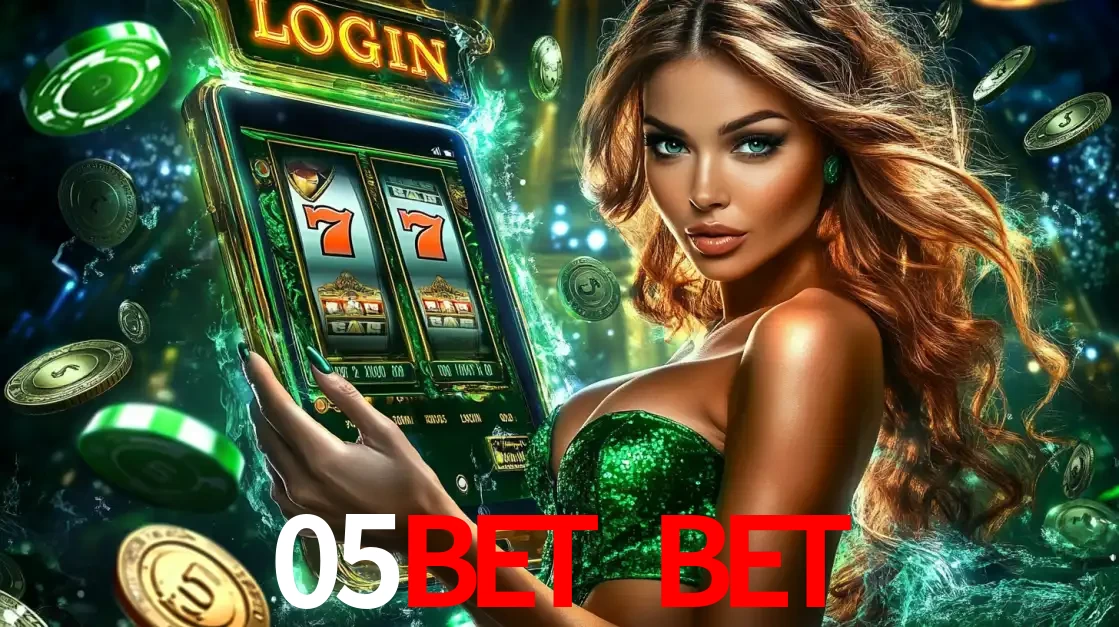 Mulher com tema verde apresentando o aplicativo do cassino 05bet bet com um jogo de slot de 777, cercada por fichas de cassino e uma aura de sorte.