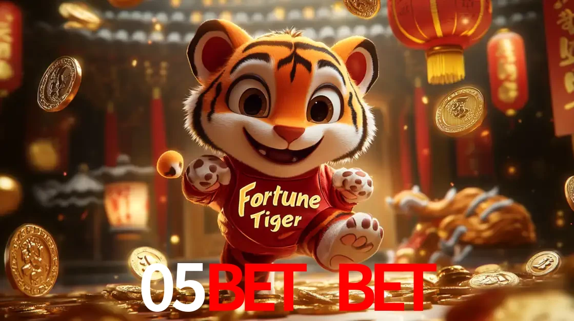 O alegre personagem do Fortune Tiger correndo sobre um caminho de moedas de ouro, simbolizando os grandes prêmios e a diversão do popular jogo de slot do 05bet bet.