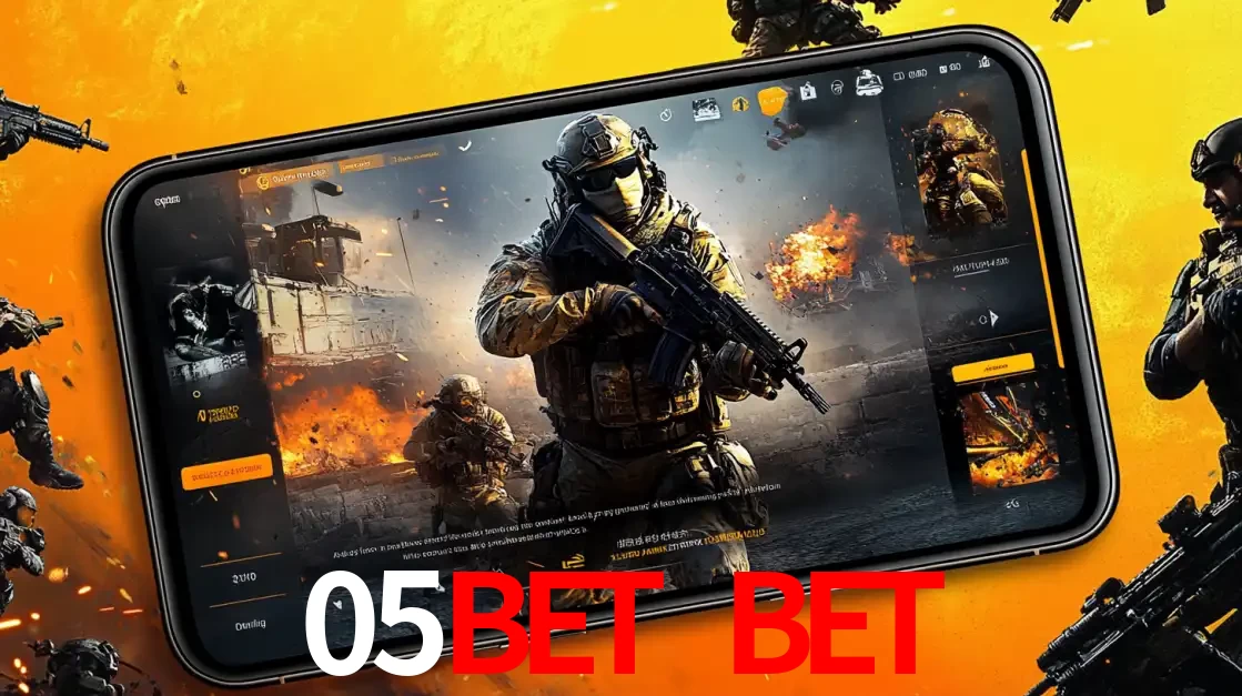 Um smartphone exibindo a interface de um jogo de tiro em primeira pessoa, com um soldado em um cenário de batalha, representando a ação dos e-sports para apostar no 05bet bet.