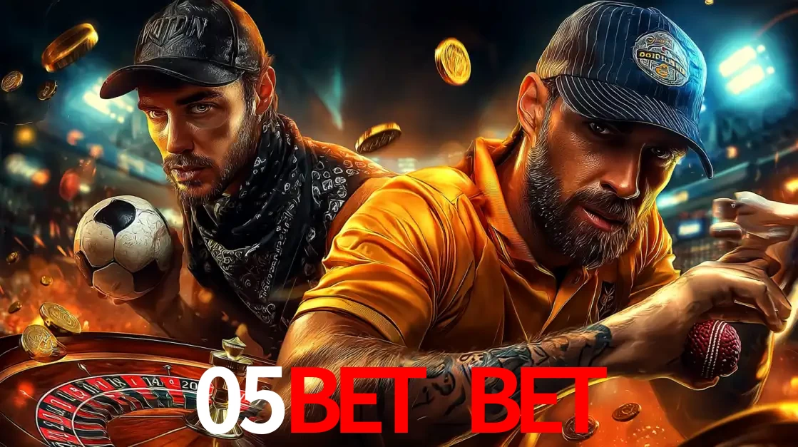 Montagem de apostas esportivas e cassino no 05bet bet, com um homem segurando uma bola de futebol e outro uma de beisebol sobre uma roleta e moedas voadoras.