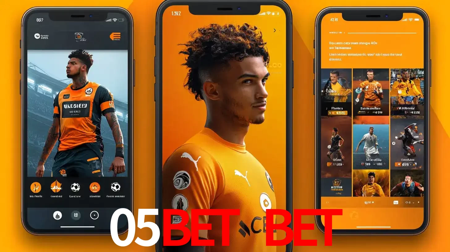 Interface do aplicativo de apostas esportivas 05bet bet em três telas de celular, mostrando o perfil de um jogador de futebol e a lista de jogos disponíveis para apostar.