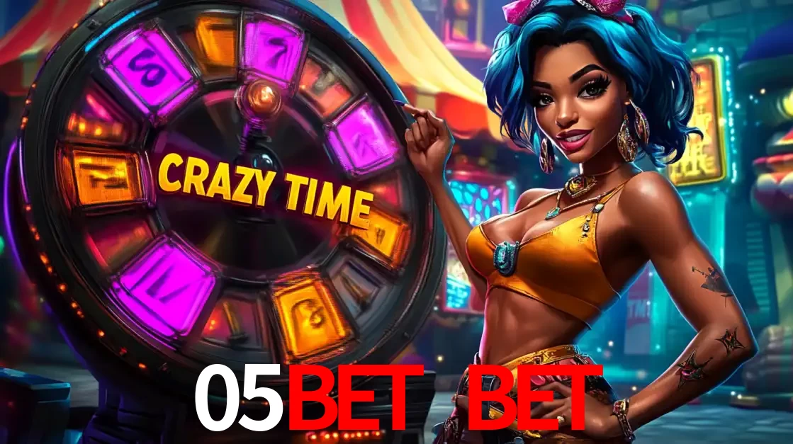 Mulher estilizada com cabelo azul e visual vibrante posando ao lado da roda de prêmios do game show Crazy Time, convidando para a diversão e os bônus do cassino 05bet bet.