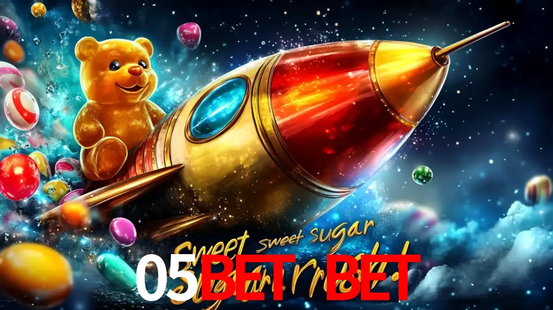 Arte promocional do jogo de slot Sugar Rush, com um urso de pelúcia em um foguete viajando pelo espaço de doces, um dos jogos divertidos disponíveis no cassino 05bet bet.