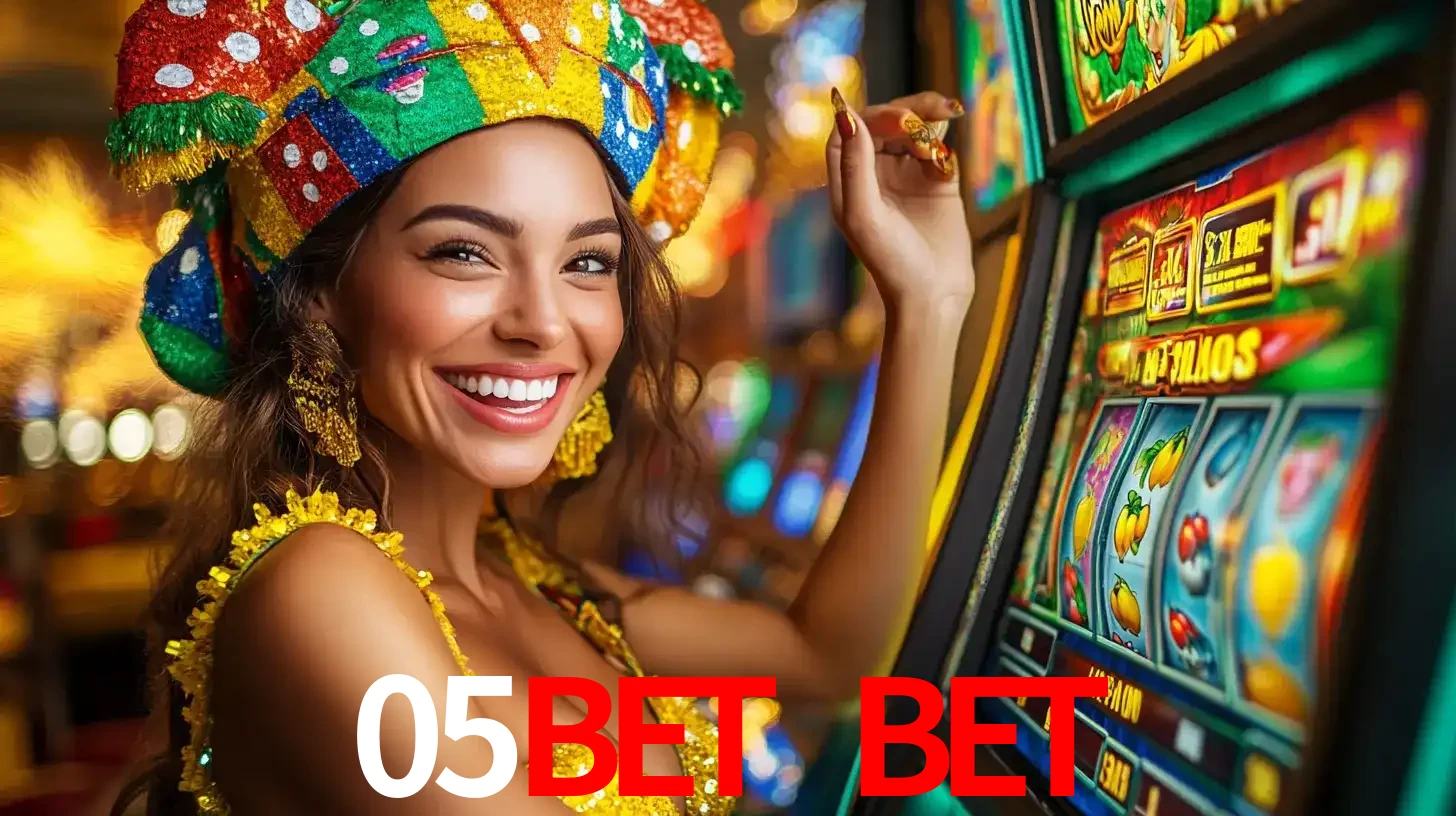 Mulher feliz com traje de carnaval amarelo e colorido ao lado de uma máquina de caça-níqueis, aproveitando a diversão e os jogos temáticos do cassino 05bet bet.