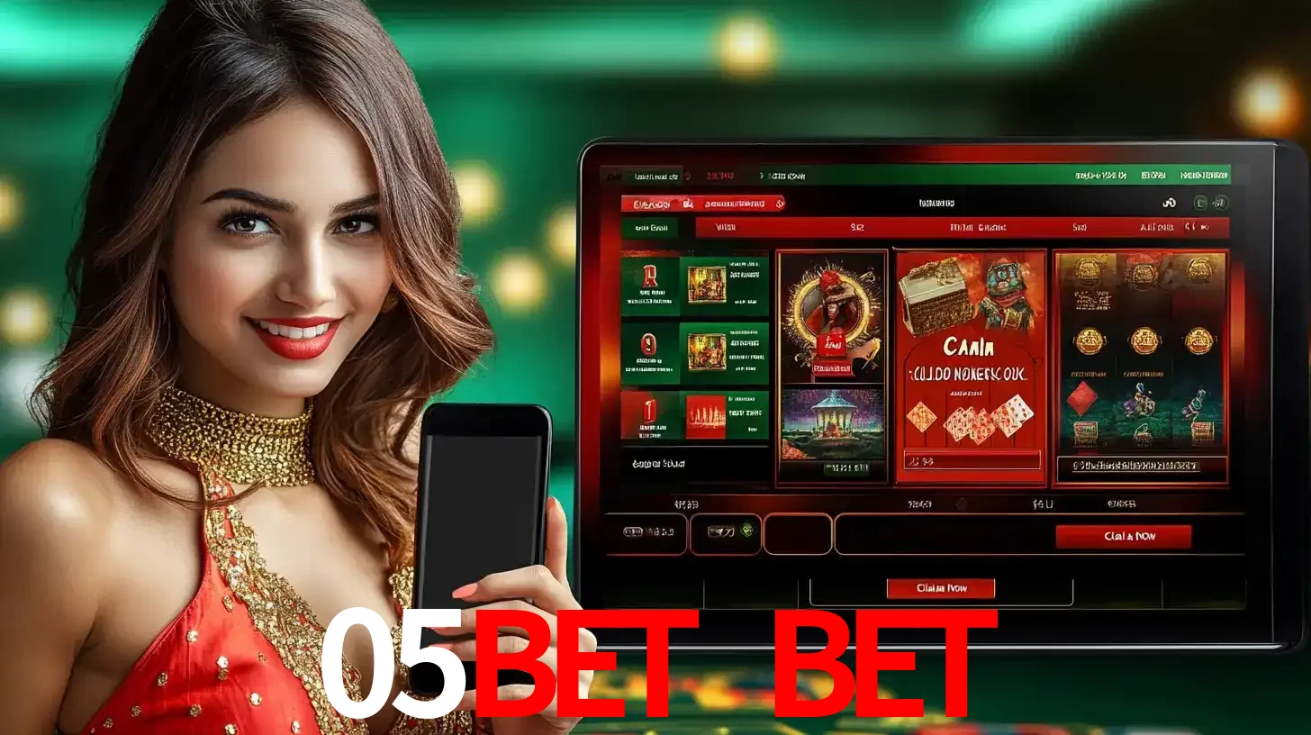 Mulher sorridente segurando um smartphone, ao lado de uma tela exibindo o lobby de jogos do cassino online 05bet bet, com várias opções de jogos de cartas e slots.